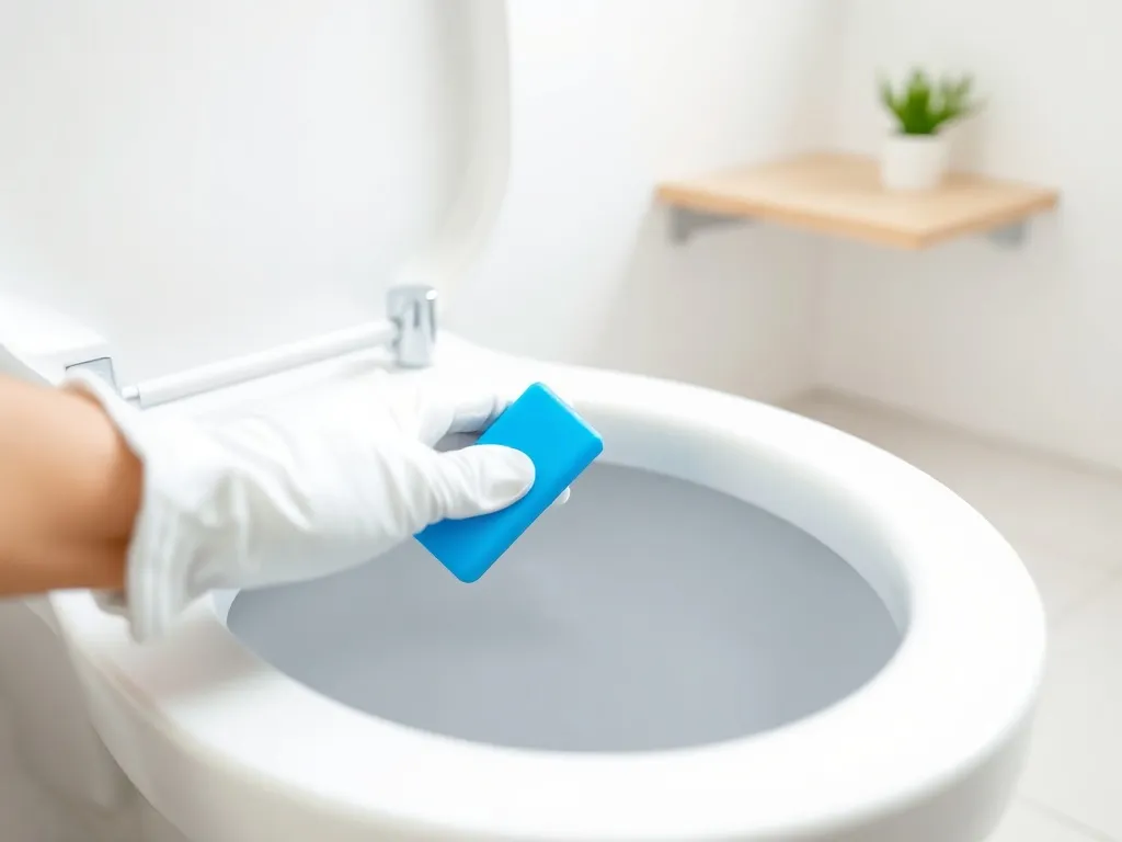 Dłoń w rękawiczce montuje niebieską kostkę do WC na gładkim brzegu toalety bez kołnierza w jasnej, czystej łazience.