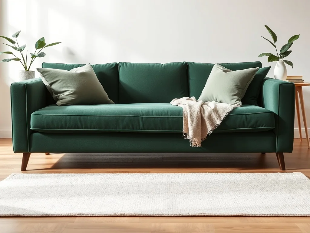 Butelkowozielona welurowa sofa z beżowo-szarym dywanem na drewnianej podłodze, w jasnym, minimalistycznym salonie.