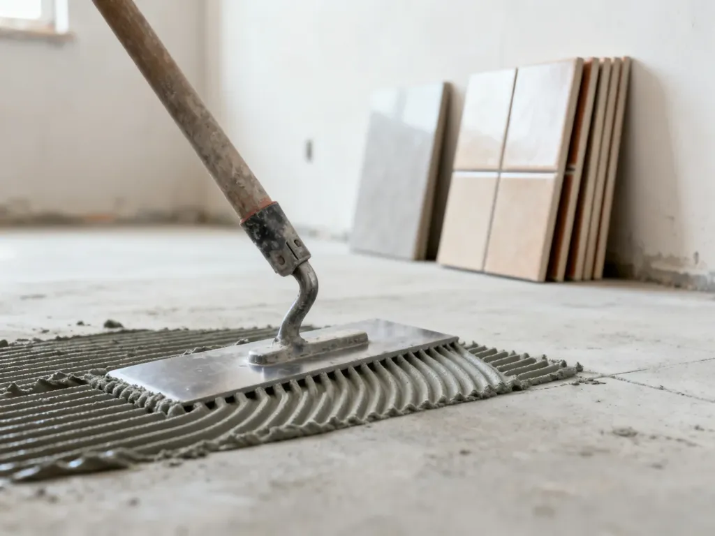 Metalowa paca rozprowadzająca szary klej do płytek na betonowej podłodze. W tle widoczne ułożone w stos płytki ceramiczne.