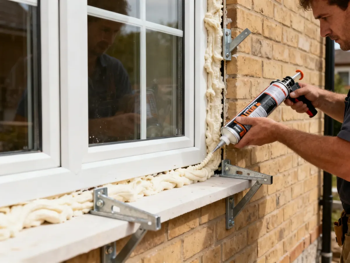 A worker applying low-expansion foam around a braced window frame