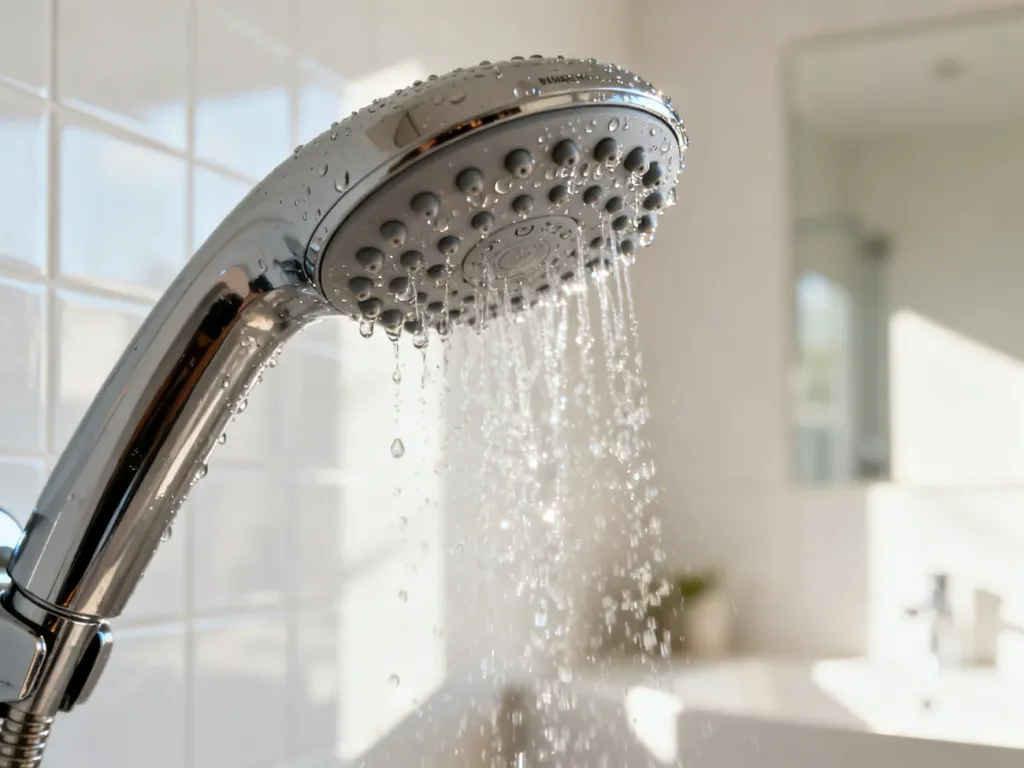 Czysta słuchawka prysznicowa Hansgrohe z widocznymi dyszami w jasnej, minimalistycznej łazience.