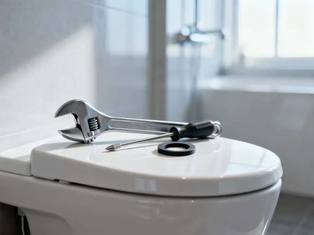 Zestaw narzędzi hydraulicznych oraz nowa uszczelka przygotowane do naprawy spłuczki na ceramicznej powierzchni.