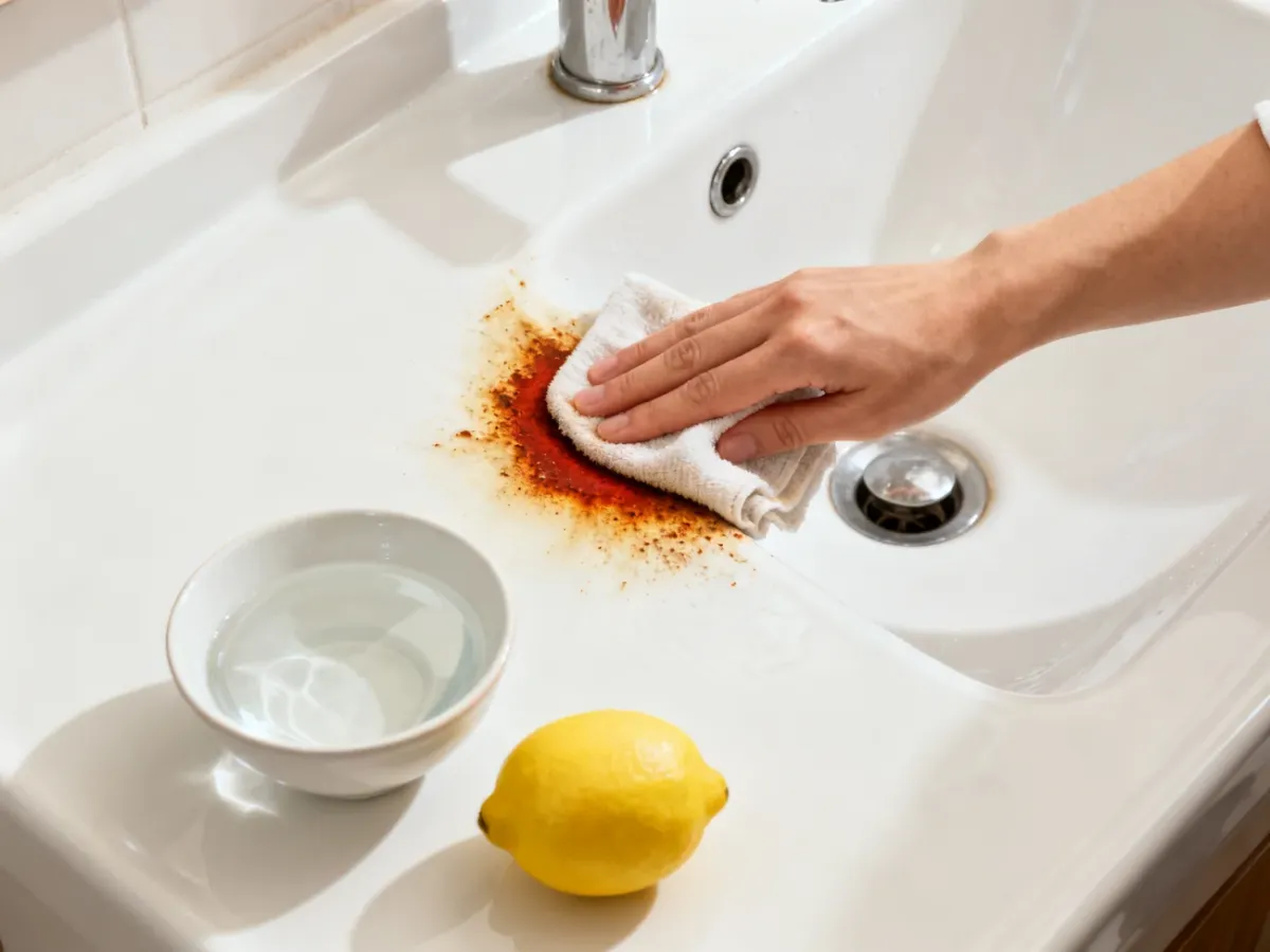 Delikatne usuwanie rdzawej plamy z ceramicznej umywalki miękką ściereczką