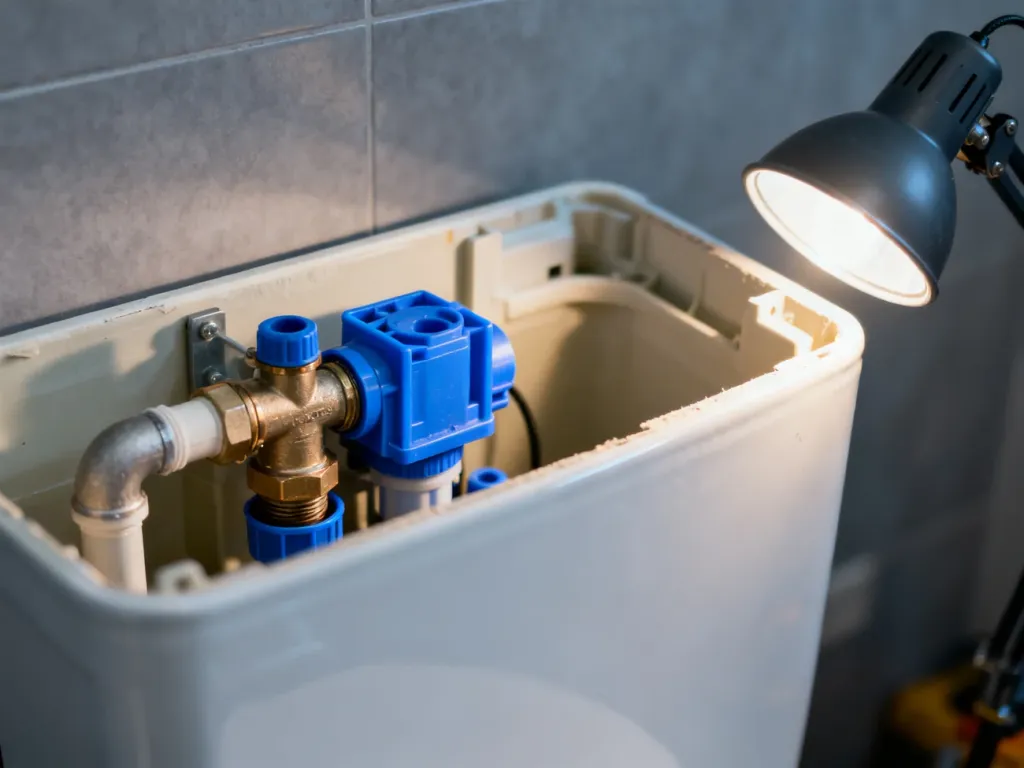 Wnętrze mechanizmu spłuczki podtynkowej z widocznymi zaworami i niebieskimi elementami instalacji.