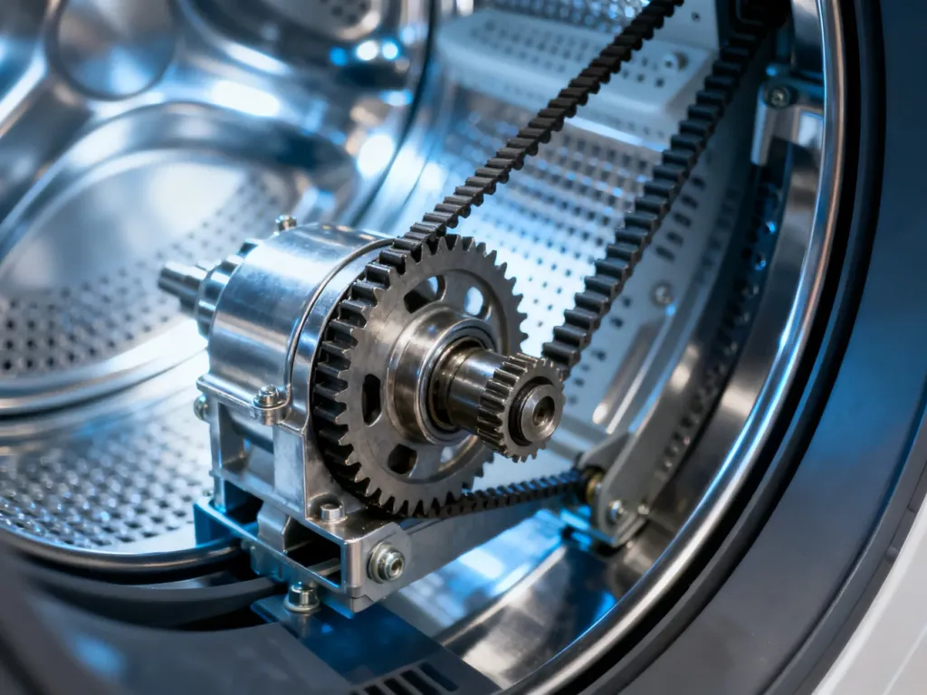 Wnętrze nowoczesnej pralki z widocznym bębnem i paskiem napędowym, ilustrujące mechaniczne elementy urządzenia.