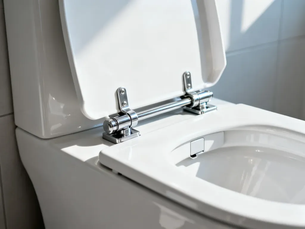 Zbliżenie na chromowane zawiasy i mechanizm montażowy deski sedesowej w nowoczesnej łazience.