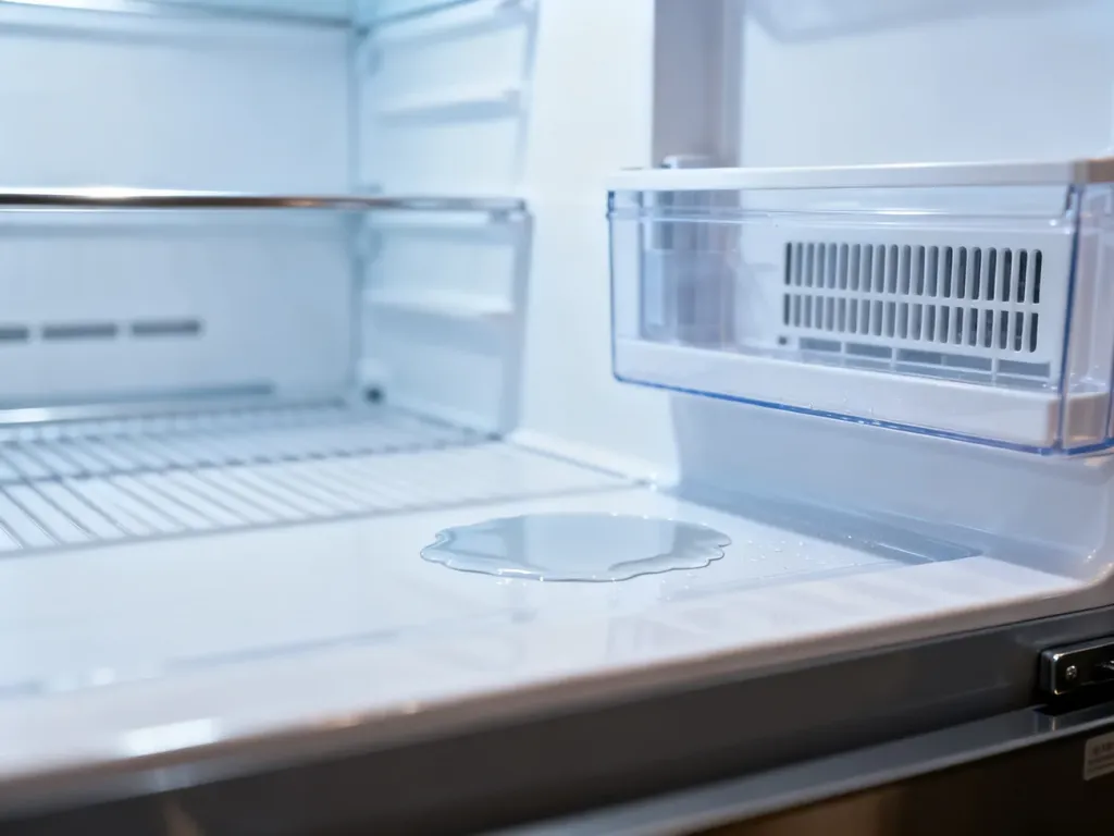 Woda zbierająca się pod szufladą na warzywa wewnątrz nowoczesnej lodówki Beko.