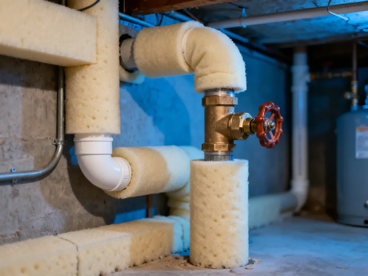 Rura wodna dokładnie osłonięta otuliną termoizolacyjną w chłodnej piwnicy