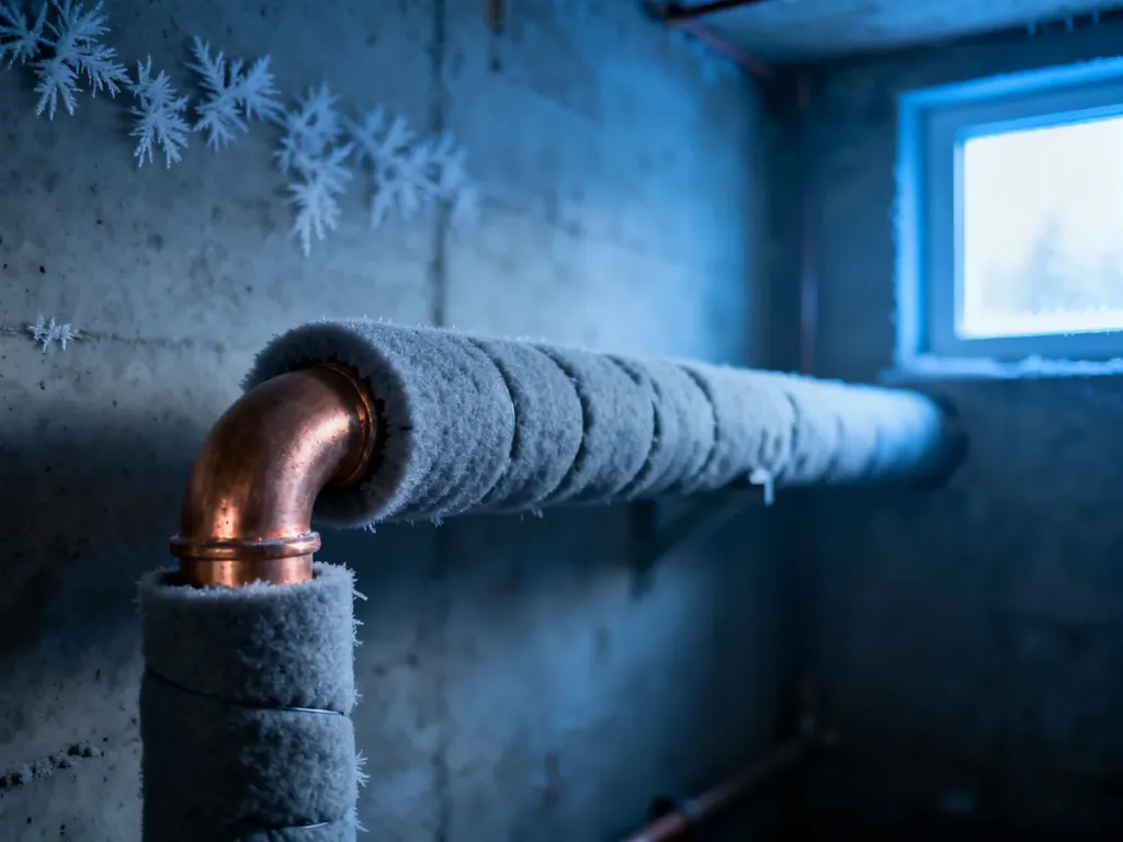 Miedziana rura zabezpieczona grubą szarą otuliną termoizolacyjną w chłodnej piwnicy, chroniąca instalację przed mrozem.