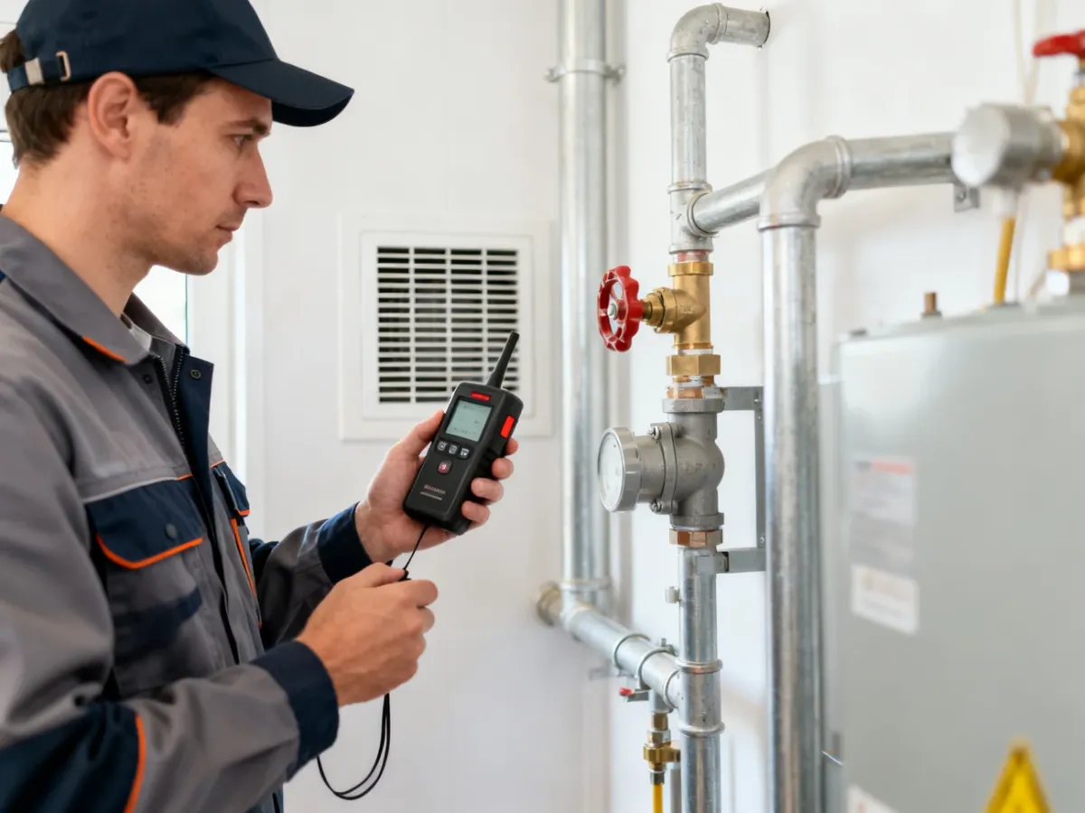 Serwisant sprawdzający instalację gazową detektorem