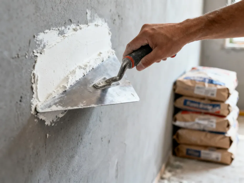Metalowa paca wygładzająca białą gładź na szarej ścianie, w tle rozmyte worki z materiałami budowlanymi.