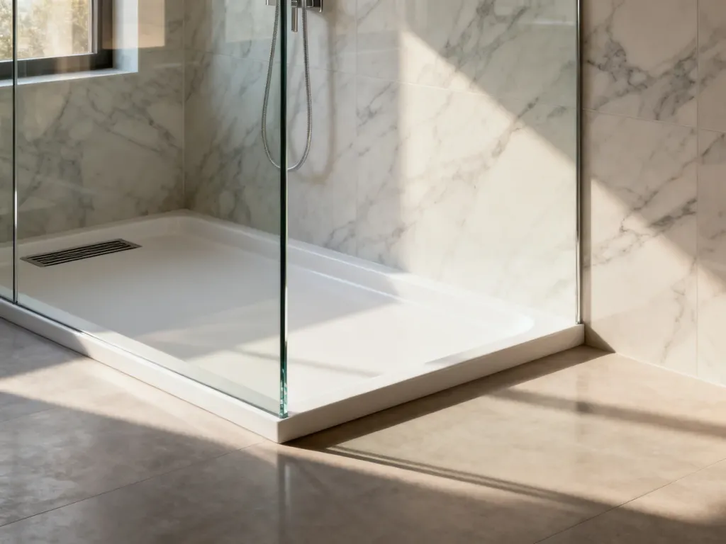 Nowoczesna łazienka z prysznicem typu walk-in oraz niskim brodzikiem ceramicznym, prezentująca minimalistyczny design.