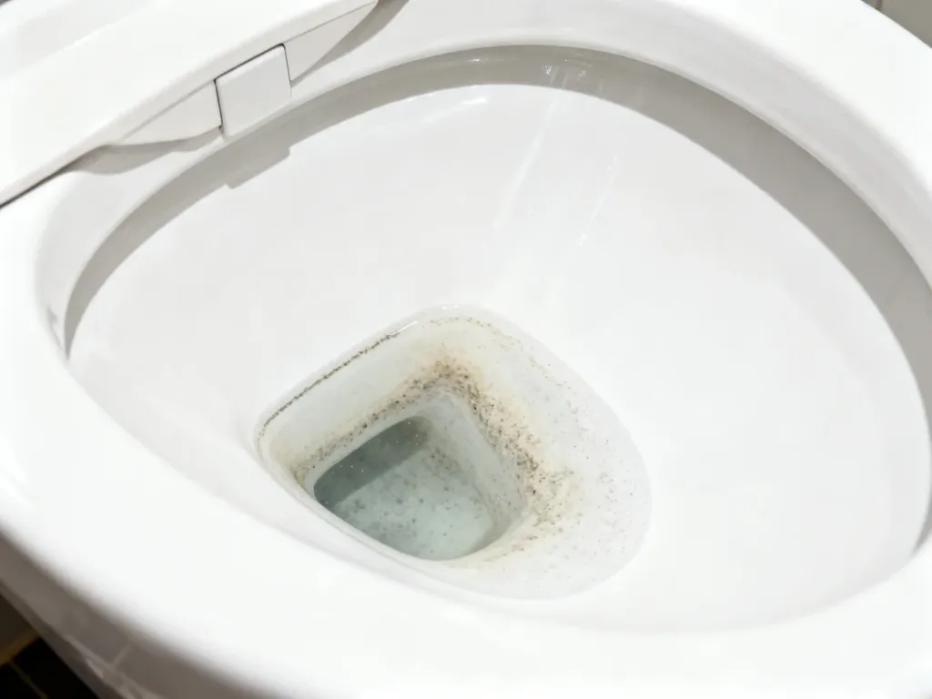 Wnętrze białej muszli klozetowej z widocznym osadem kamienia poniżej linii wody.