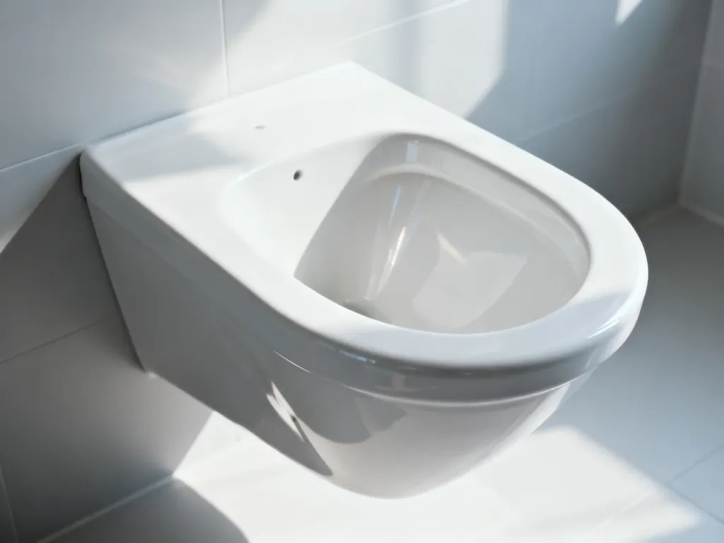 Nowoczesna biała miska ustępowa typu lejowego w minimalistycznej łazience. Widok z bliska na gładką, ceramiczną powierzchnię.