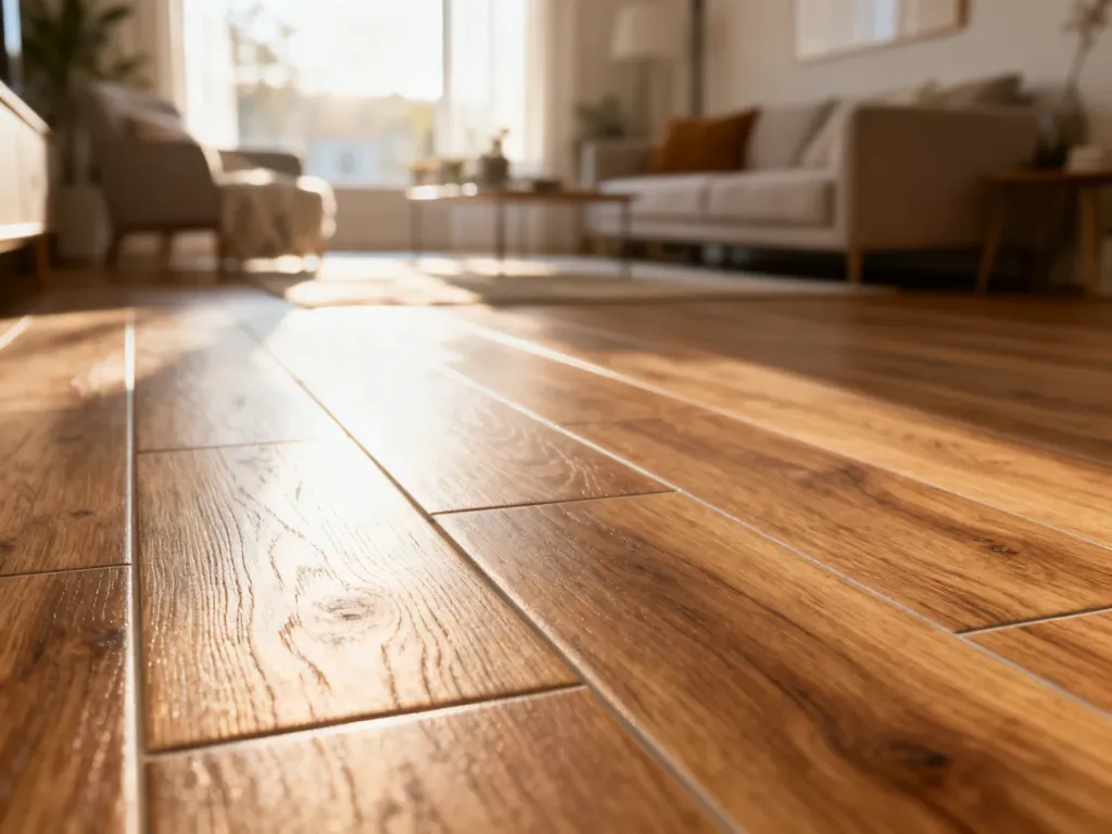 Płytki ceramiczne imitujące drewno ułożone w nowoczesnym salonie, prezentujące realistyczną strukturę i ciepłe oświetlenie.