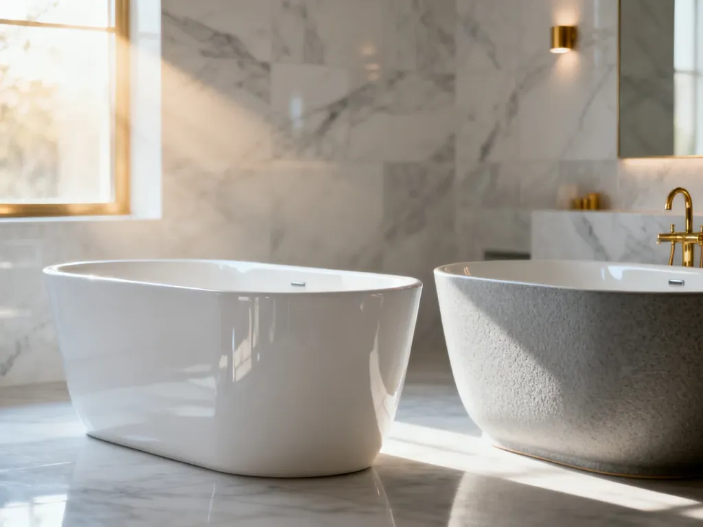 Porównanie nowoczesnej wanny akrylowej i ceramicznej w eleganckiej, minimalistycznej łazience.