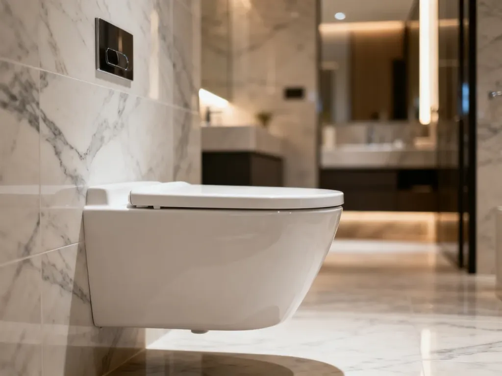 Nowoczesna, podwieszana miska WC z białej ceramiki w minimalistycznej łazience wykończonej marmurem.