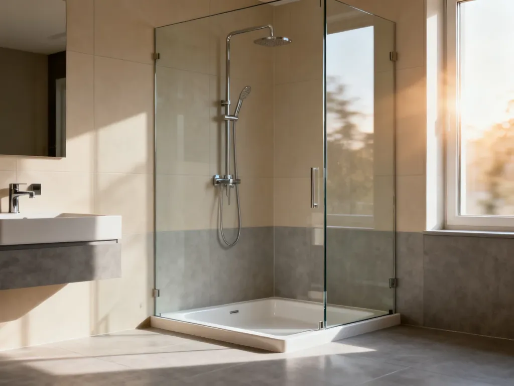Nowoczesna łazienka z przeszkloną kabiną typu walk-in oraz tradycyjnym brodzikiem, prezentująca minimalistyczny design.