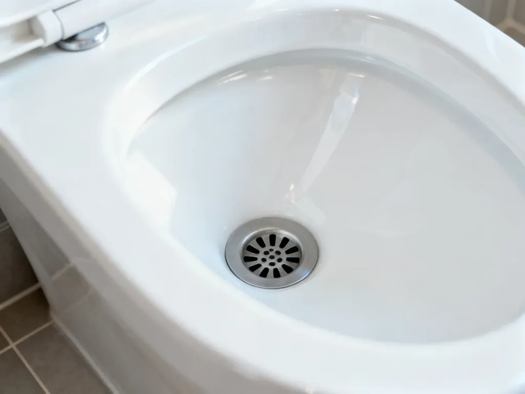 Wnętrze nowoczesnej, białej miski ustępowej z wyraźnym widokiem na odpływ ceramiczny.