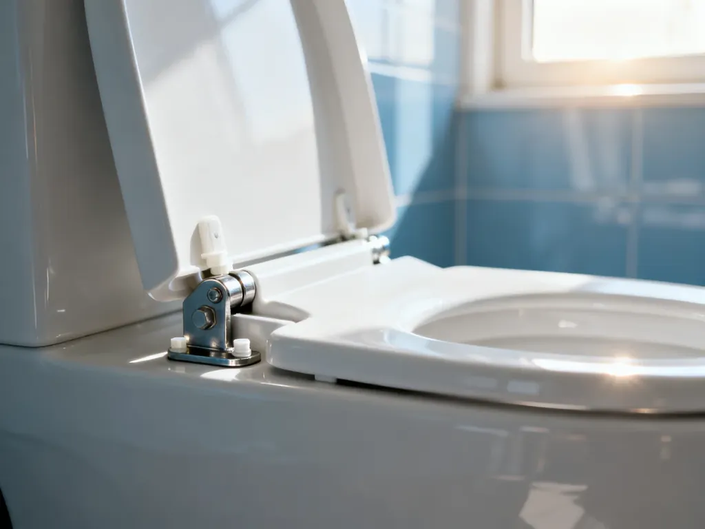 Zbliżenie na mechanizm zawiasowy nowoczesnej deski sedesowej w jasnej łazience.