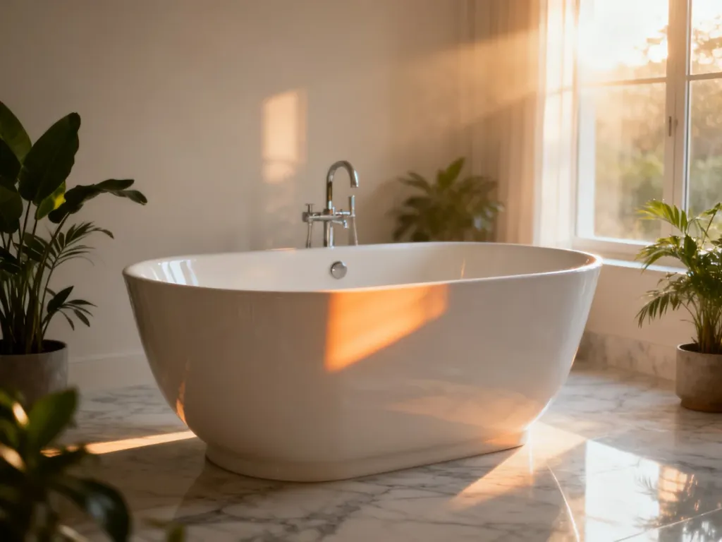 Elegancka biała wanna wolnostojąca w minimalistycznej łazience z marmurową podłogą i roślinami.