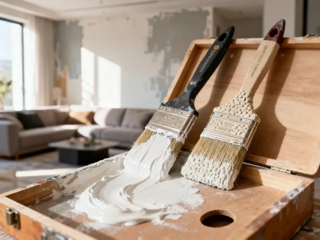 Pędzle z farbą lateksową i ceramiczną na tle remontowanego salonu, obrazujące różnice w fakturze obu produktów.