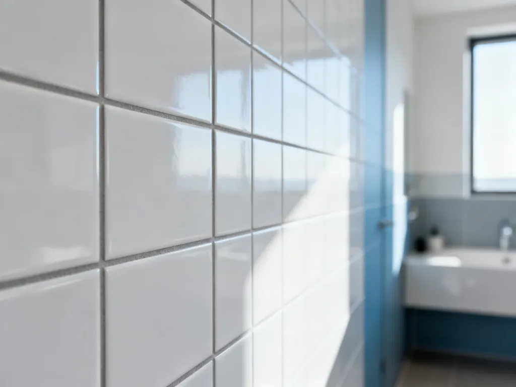 Zbliżenie na precyzyjnie wykonane spoiny między płytkami ceramicznymi w nowoczesnej, jasnej łazience.
