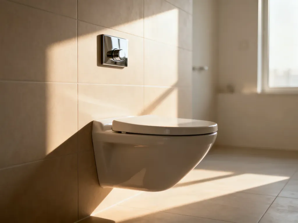 Nowoczesna łazienka z podwieszaną miską WC zamontowaną na ergonomicznej wysokości przy jasnej ścianie.