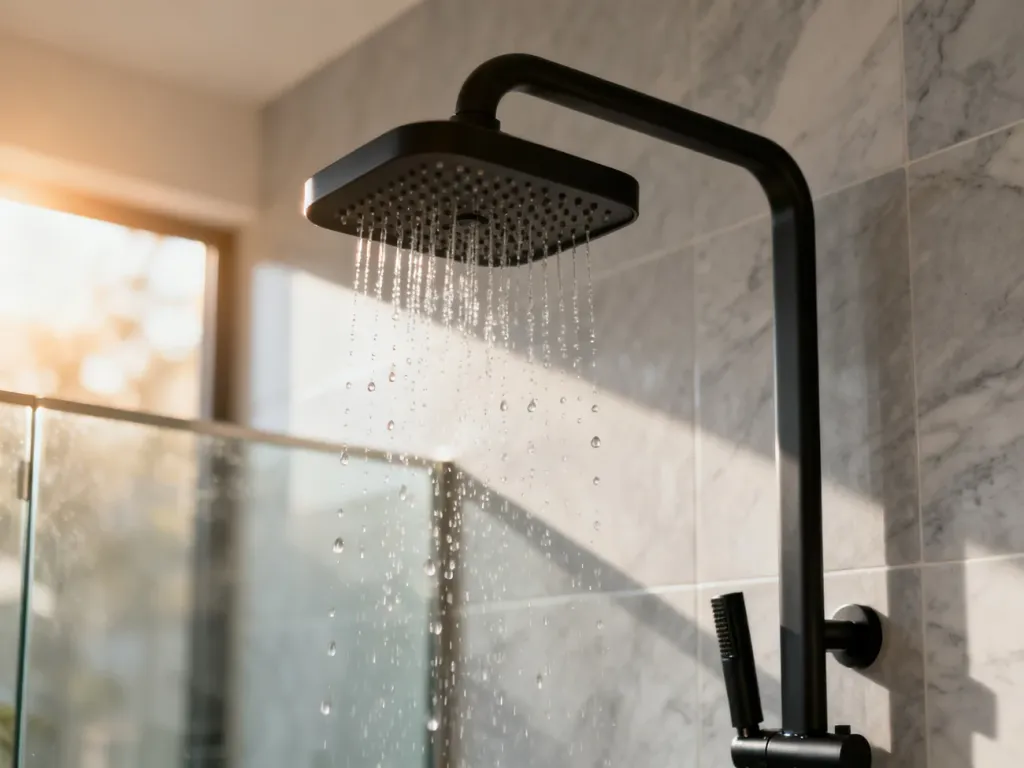 Nowoczesny prysznic typu walk-in z czarną deszczownicą na tle jasnego marmuru, tworzący atmosferę domowego spa.