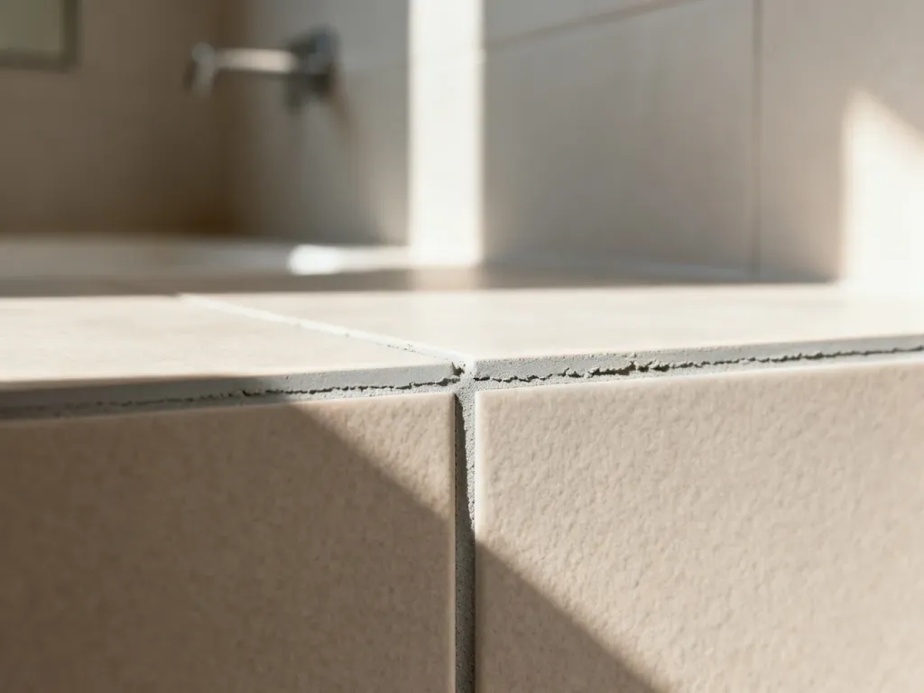 Precyzyjnie wykonana jasnoszara fuga między matowymi płytkami ceramicznymi w nowoczesnej łazience.