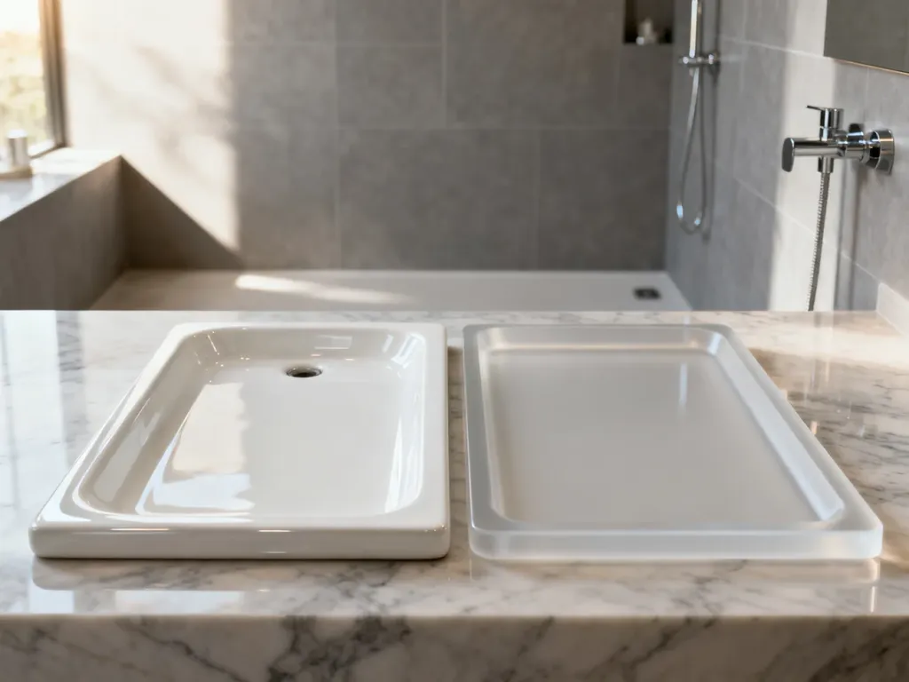 Porównanie faktur i wykończenia białego brodzika ceramicznego oraz matowego akrylowego w nowoczesnej łazience.