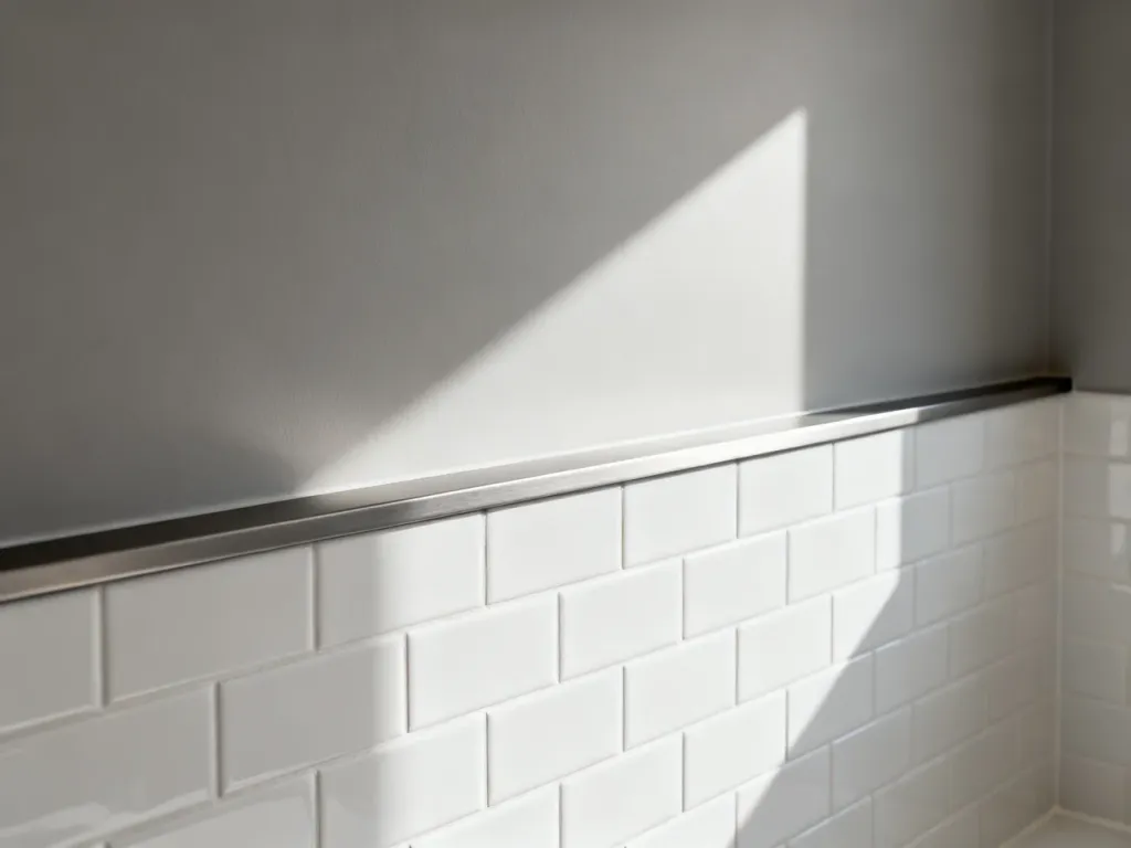 Eleganckie wykończenie krawędzi płytek do połowy ściany za pomocą minimalistycznej metalowej listwy w nowoczesnej łazience.