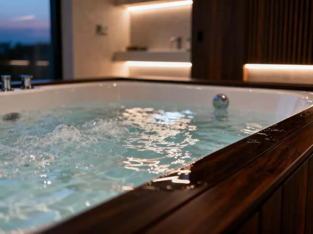 Nowoczesna wanna z hydromasażem w domowym spa, wypełniona bąbelkami wody w nastrojowym, wieczornym oświetleniu.