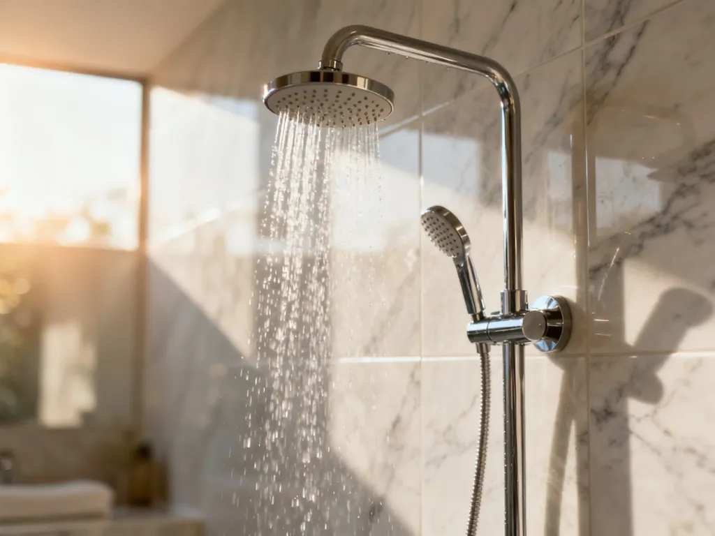 Nowoczesna deszczownica z chromowaną armaturą na tle marmurowej ściany w łazience w stylu spa.