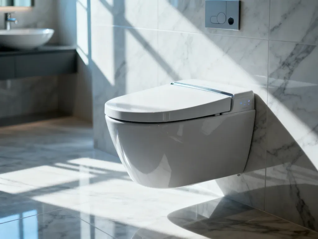 Nowoczesna, podwieszana miska WC z funkcją bidetu w minimalistycznej łazience wykończonej marmurem.