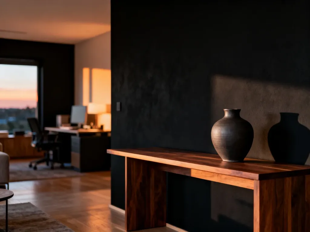 Nowoczesny salon z elegancką, matową czarną ścianą akcentową, drewnianą konsolą i przytulnym kącikiem biurowym w tle.