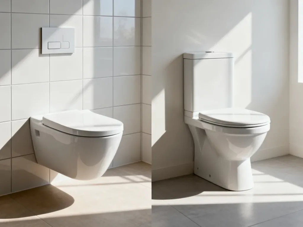Porównanie nowoczesnej miski podwieszanej oraz klasycznego kompaktu WC w jasnym, minimalistycznym wnętrzu łazienki.