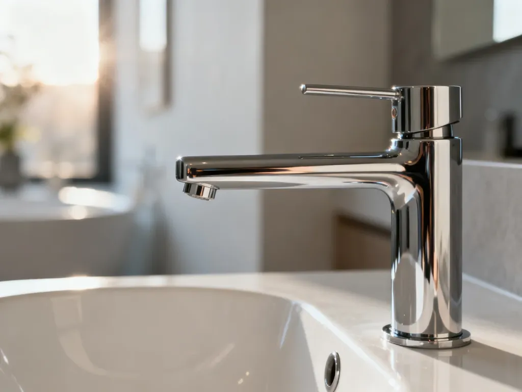Nowoczesna chromowana bateria umywalkowa nad białą ceramiczną umywalką, ukazująca długość wylewki w minimalistycznej łazience.