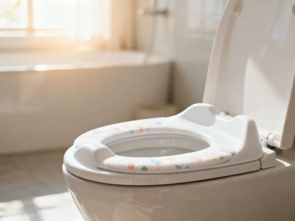Ergonomiczna, biała nakładka na sedes z delikatnym wzorem w jasnej, nowoczesnej łazience.