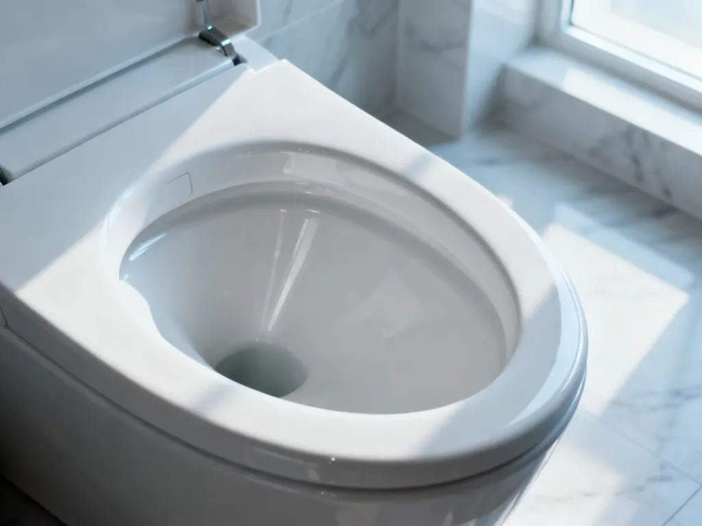 Nowoczesna biała miska ustępowa lejowa o minimalistycznym kształcie w eleganckiej łazience.