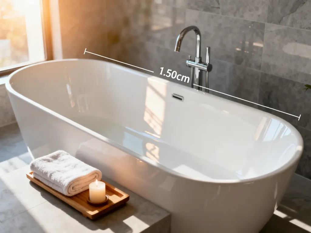 Nowoczesna biała wanna o długości 150 cm w minimalistycznej łazience z eleganckimi szarymi płytkami.
