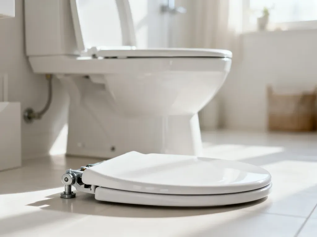 Nowa biała deska sedesowa przygotowana do montażu na ceramicznej muszli w jasnej, nowoczesnej łazience.