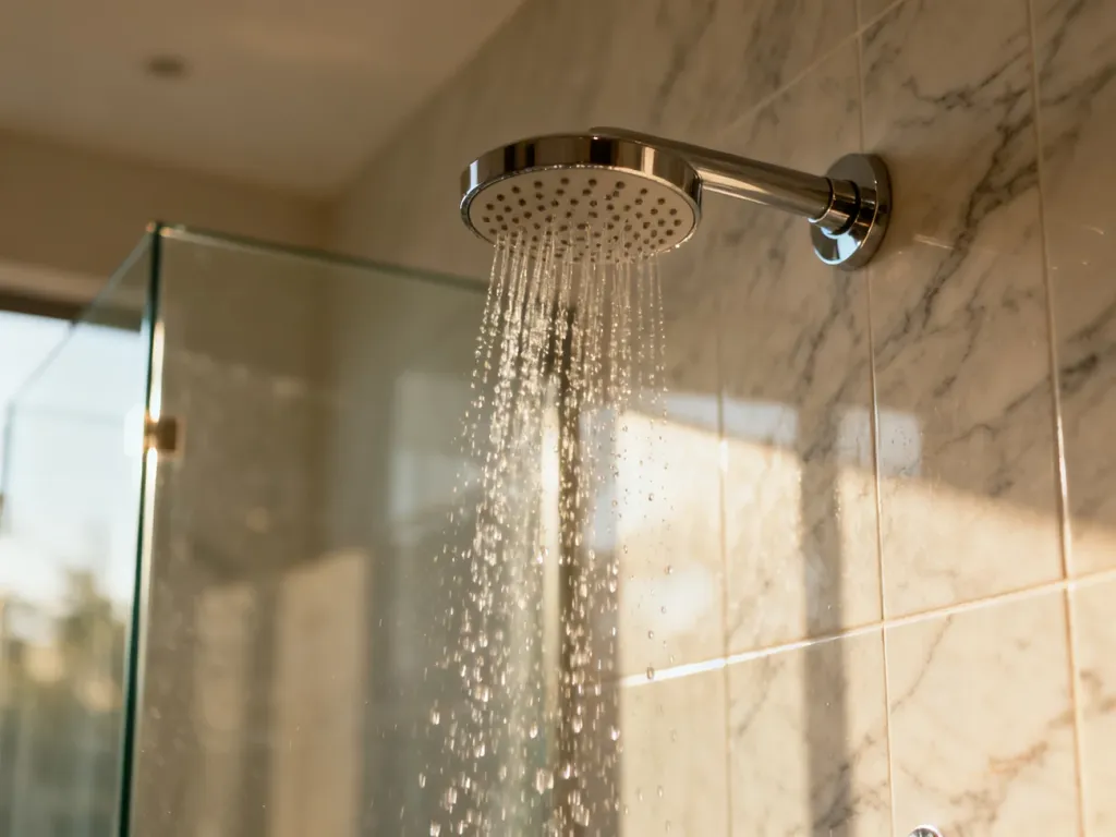 Nowoczesna deszczownica zamontowana na marmurowej ścianie, zapewniająca relaksującą kąpiel w klimacie domowego spa.