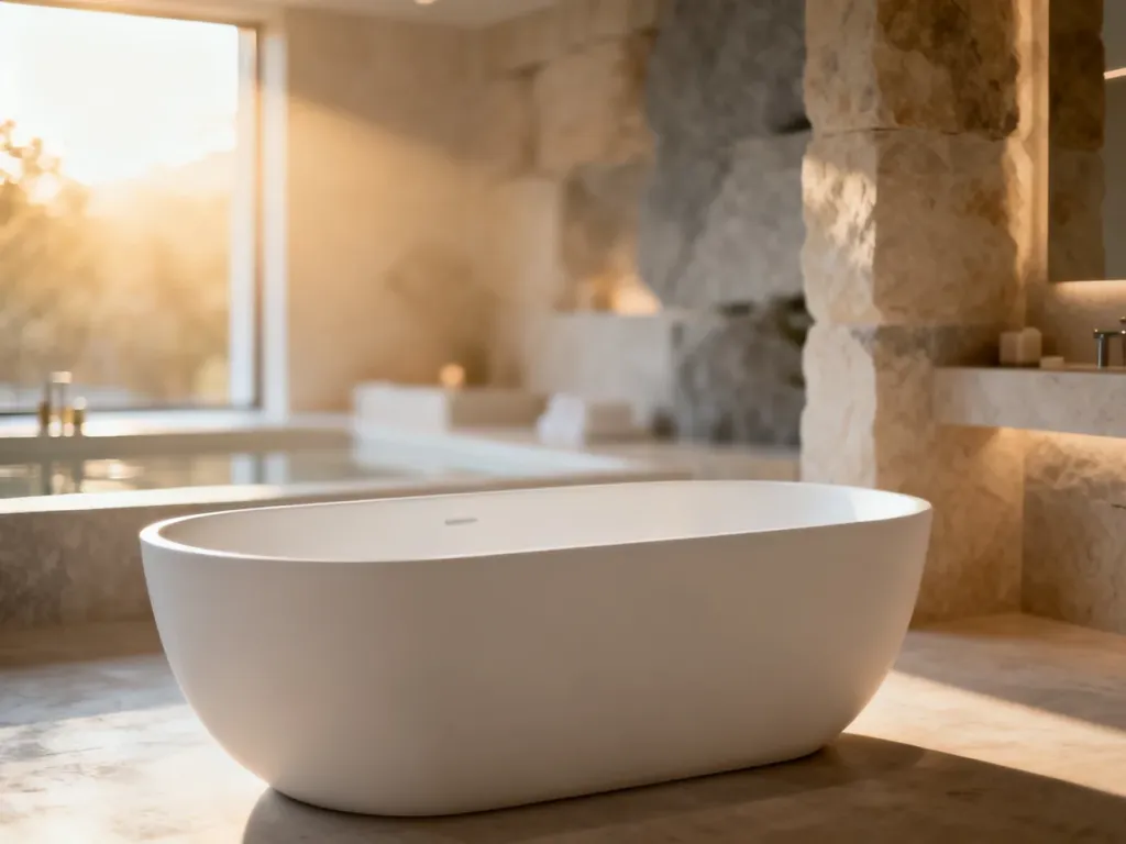 Nowoczesna wanna z konglomeratu o matowym wykończeniu w minimalistycznej łazience w stylu spa.