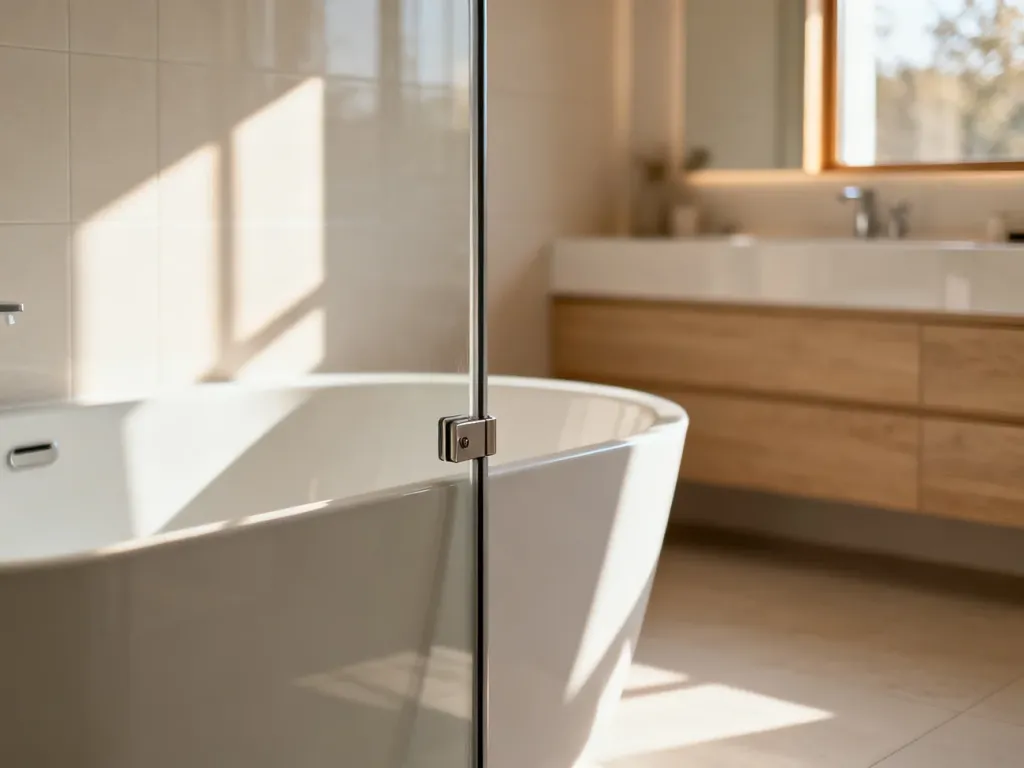 Nowoczesna łazienka z wanną wyposażoną w wygodne drzwiczki boczne, zapewniające łatwy dostęp i minimalistyczny design.
