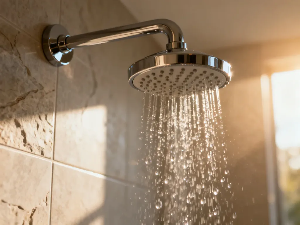 Chromowana deszczownica sufitowa w nowoczesnej łazience z delikatnie płynącą wodą, tworząca relaksującą atmosferę spa.