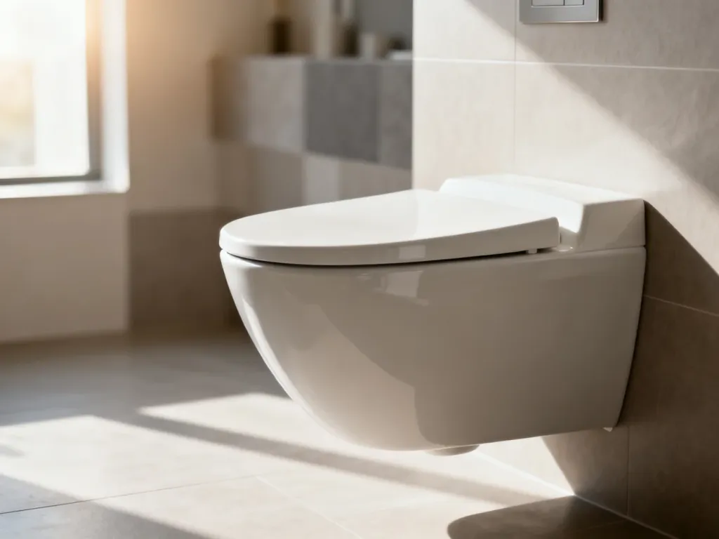 Nowoczesna, podwieszana miska WC o minimalistycznym designie w jasnej, eleganckiej łazience.