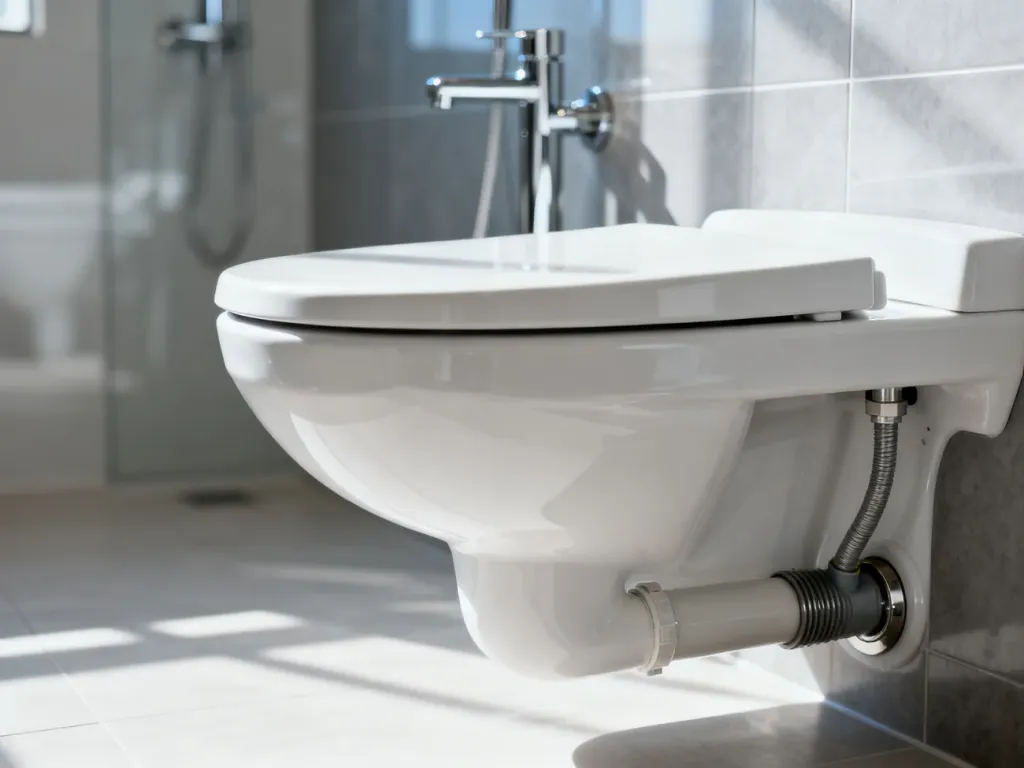 Nowoczesna biała miska WC z widocznym przyłączem odpływowym w minimalistycznej łazience.
