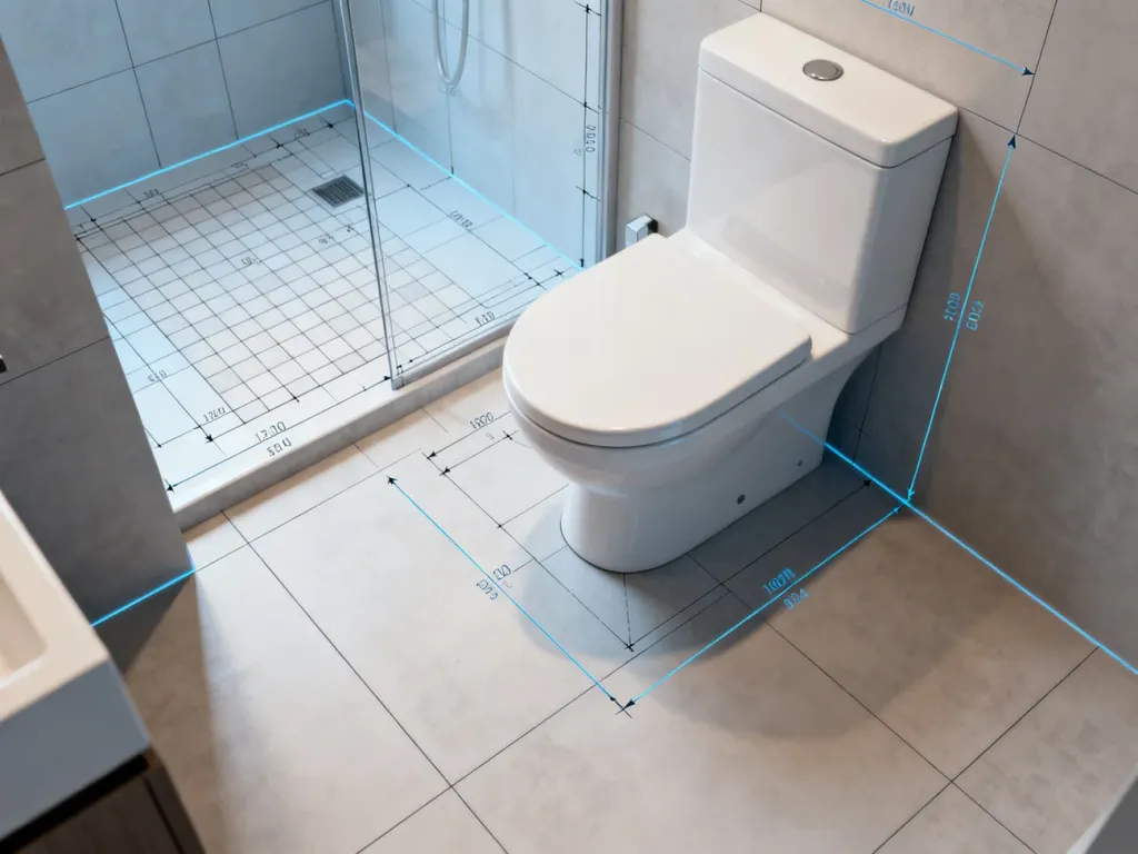 Projekt architektoniczny łazienki z zaznaczonymi wymiarami i strefami wolnej przestrzeni wokół miski ustępowej.