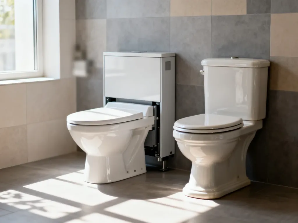 Porównanie nowoczesnego stelaża podtynkowego z klasycznym kompaktem WC w jasnej, eleganckiej łazience.